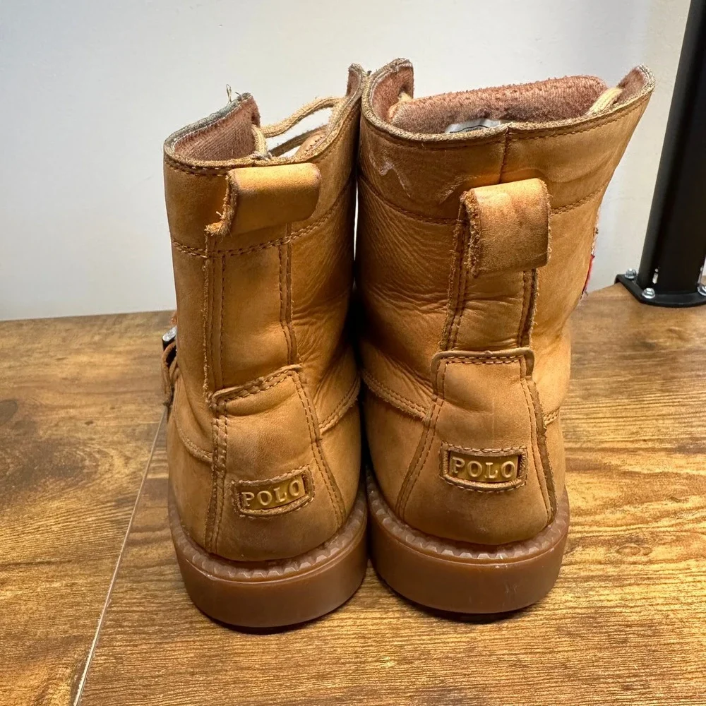 Polo Ralph Lauren Ranger Boots Tan Leather Polo Bear Moc Toe Buckle - Picture 9 of 13